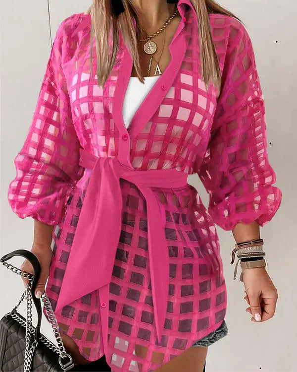 Bronzing Chevron Print Turn-down Collar Tied Detail Shirt Dress