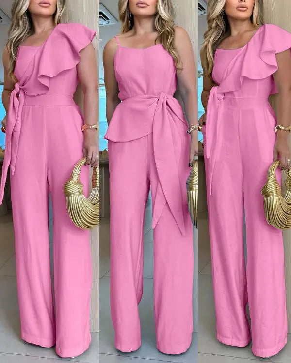 V Neck Spaghetti Strap Ruffles Tied Detail Jumpsuit Casual Loose Fit Romper