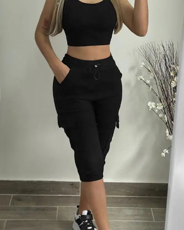 Side Pockets Drawstring Waist Cropped Cargo Pants