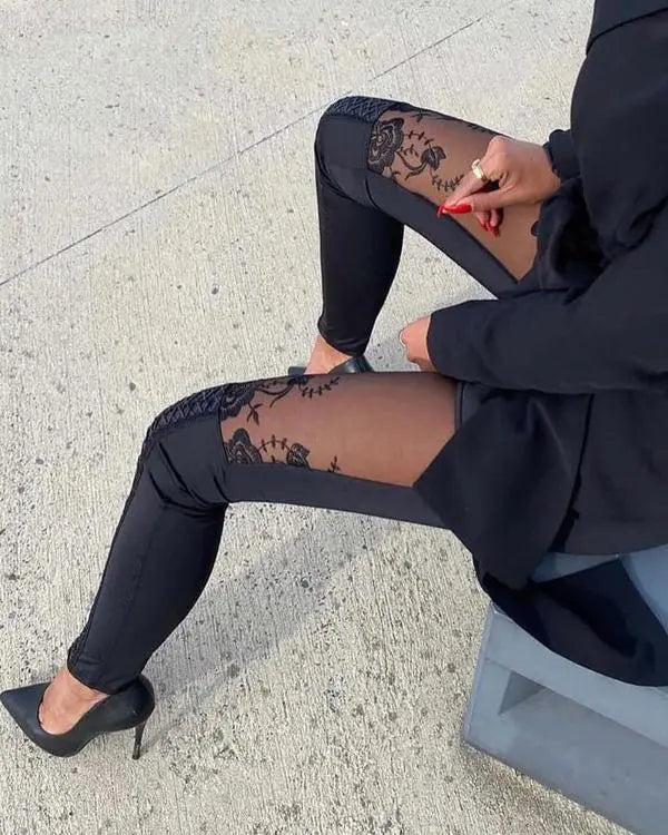 Sheer Mesh Lace Embroidery Patch Skinny Pants