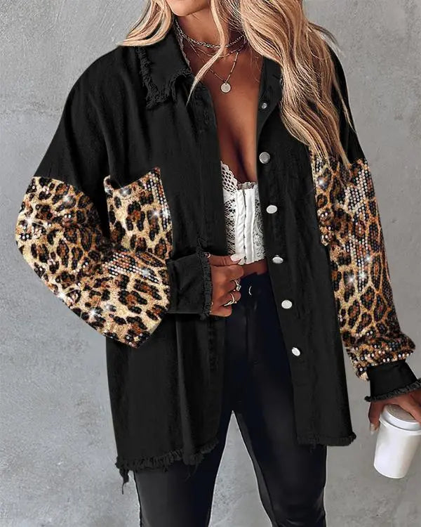 Contrast Sequin Turn-down Collar Long Sleeve Tassel Design Fuzzy Shacket with Pocket