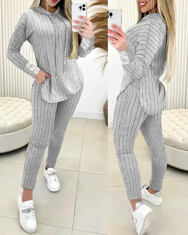 Lace Patch Ribbed Hooded Top