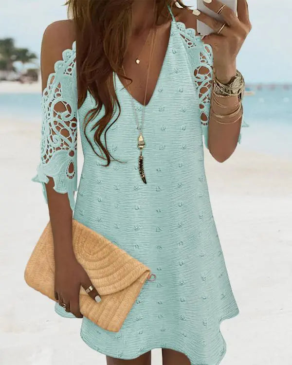 V-Neck Cold Shoulder Sleeveless Lace Hem Straight Dress Vacation Dress