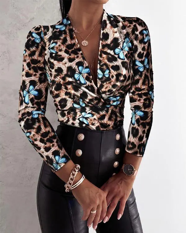 Leopard Print V-Neck Criss Cross Long Sleeve Shirts Casual Top