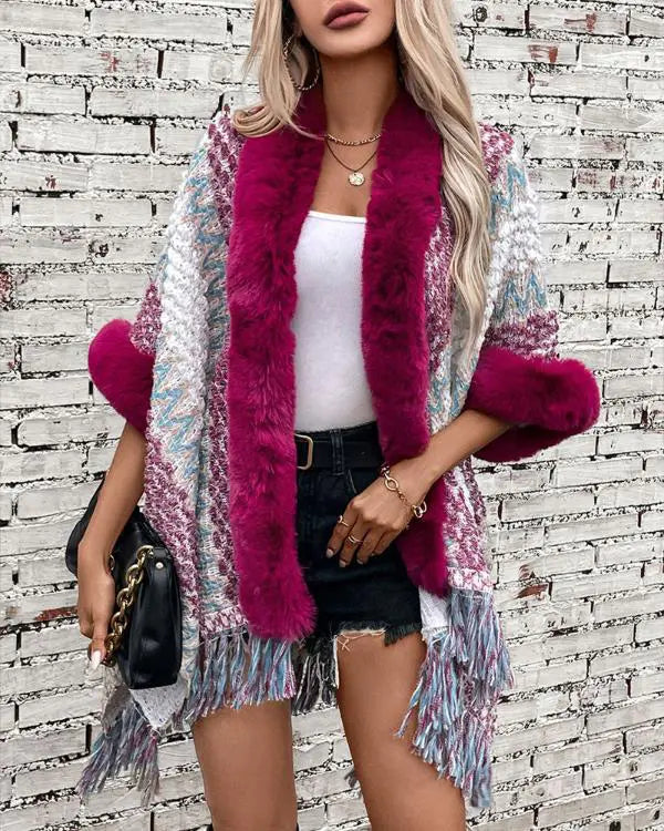 Fuzzy Collar Shawl Poncho Knit Cardigan