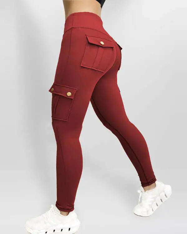 Camouflage Print High Waist Skinny Button Leggings with Pocket Casual Pants