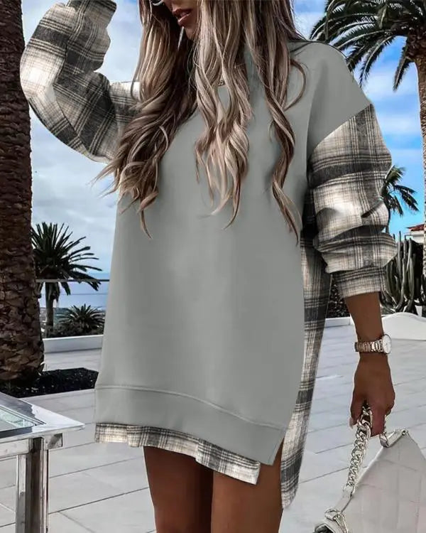 BROOKL YN NYC Pattern Long Sleeve Side Slit Sweatshirt Dress