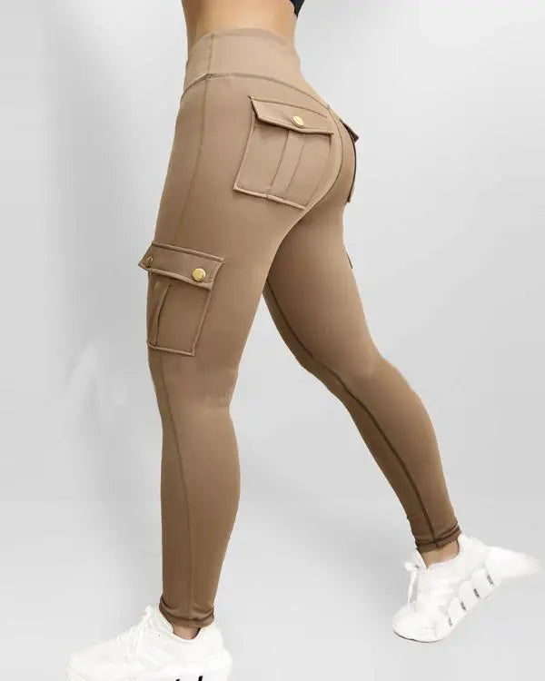 Camouflage Print High Waist Skinny Button Leggings with Pocket Casual Pants