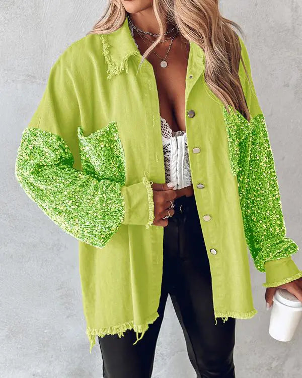 Contrast Sequin Turn-down Collar Long Sleeve Tassel Design Fuzzy Shacket with Pocket