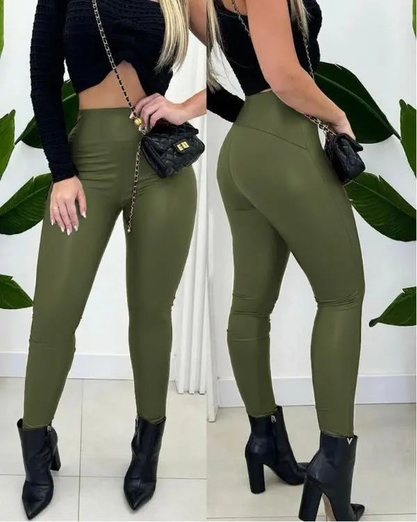 CurveEase PU Leather Leggings High Waist Curved Fleece Lined Tights Casual Pants