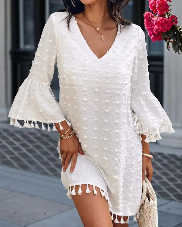 Polka Dot V-Neck Bell Sleeve Mini Dress Casual Loose Fit Dress