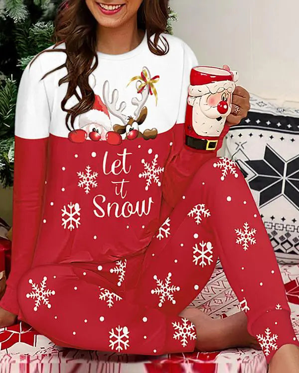 2 Piece Christmas Colorblock Snowflake Print Skew Neck Top Casual Pants Pajamas Set