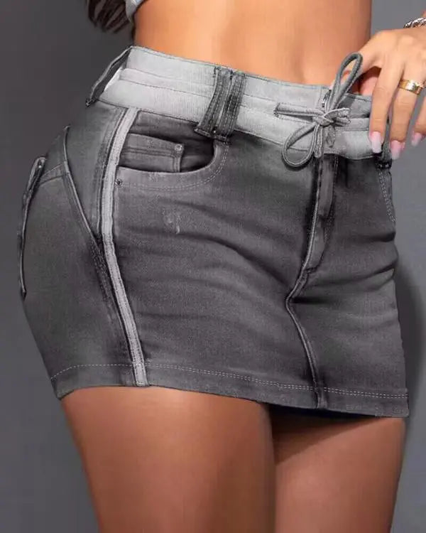 Drawstring Adjustable Waist Casual Denim Skirt Skort Jean Mini Skirt