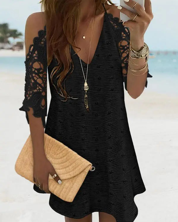 V-Neck Cold Shoulder Sleeveless Lace Hem Straight Dress Vacation Dress