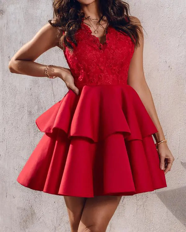 Lace V-Neck Sleeveless Zipper Design Cinched Waist A Line Mini Dress Elegant Party Dress