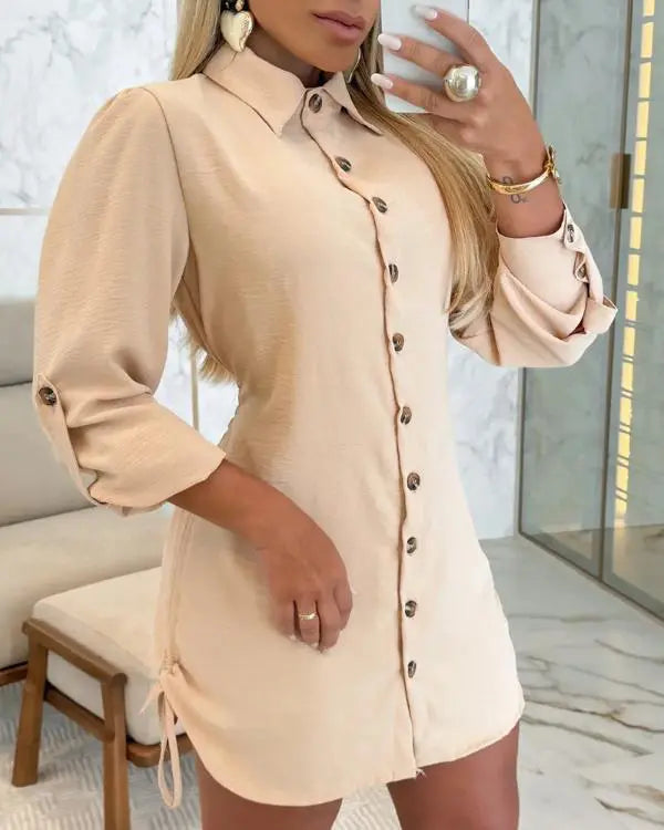 Striped Shirred Buttoned Drawstring Shirt Dress