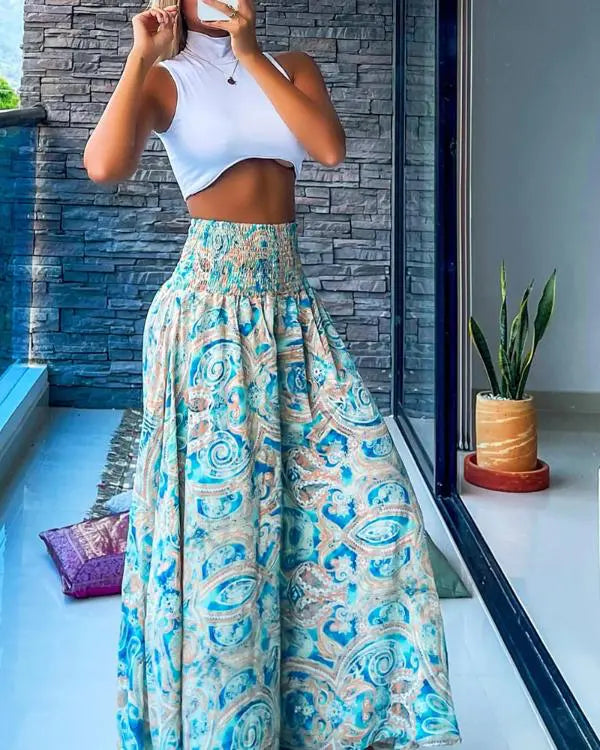 Paisley Print Shirred High Waist Wide Leg Pants Vacation Pants