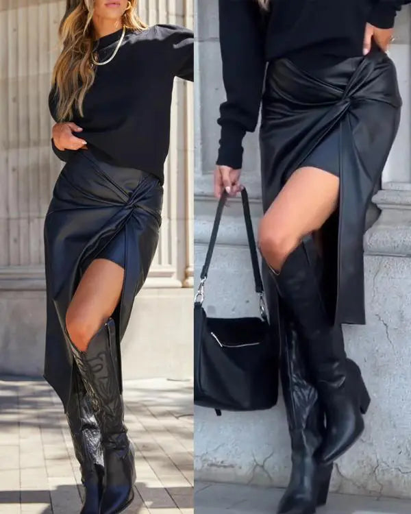 PU Leather Front Twisted Knot Slit Asymmetrical Midi Skirt