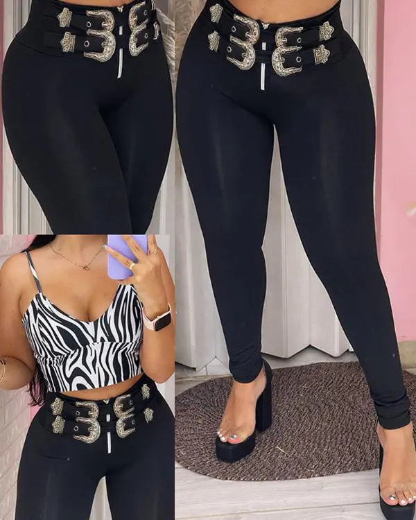 Belted High Waist Skinny Pants Slim Fit Pull On Trousers