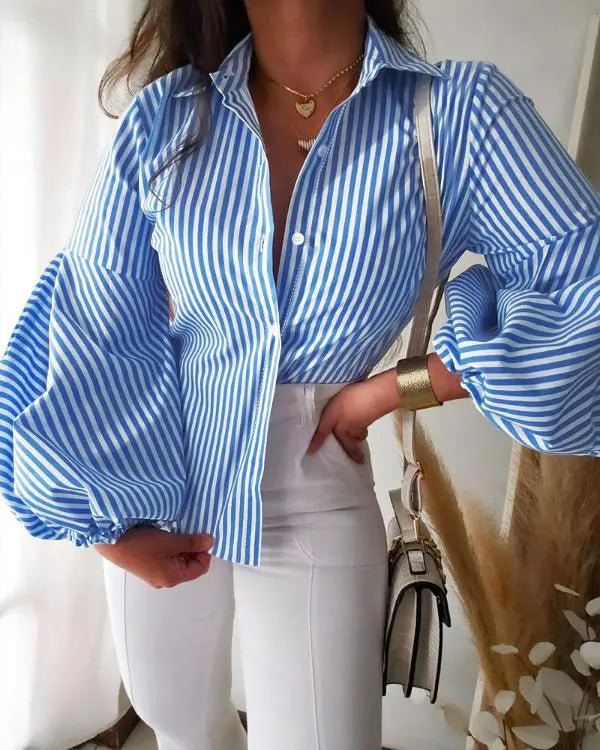 Striped Print Turn-Down Collar Lantern Sleeve Slim Fit Blouse Front Button Casual Top