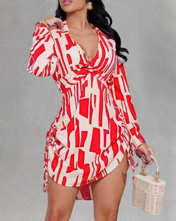 All Over Print Turn-down V-Neck Twisted Side Drawstring Shirt Dress