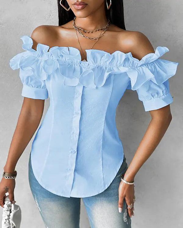 Off Shoulder Layered Ruffles Button-down Asymmetrical Hem Top