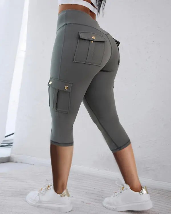 Camouflage Print High Waist Skinny Button Leggings with Pocket Casual Pants