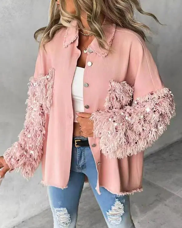 Contrast Sequin Turn-down Collar Long Sleeve Tassel Design Fuzzy Shacket with Pocket
