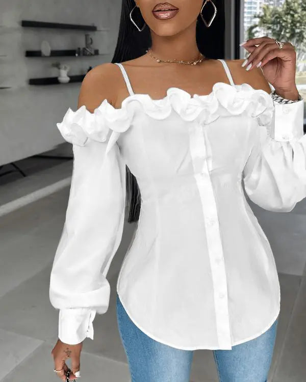 Ruffle Hem Buttoned Off Shoulder Top
