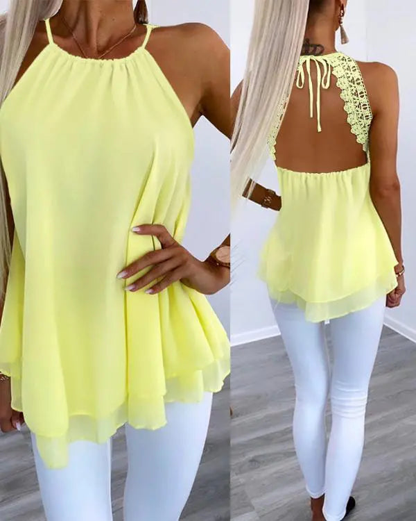 Contrast Lace Tied Detail Chiffon Top