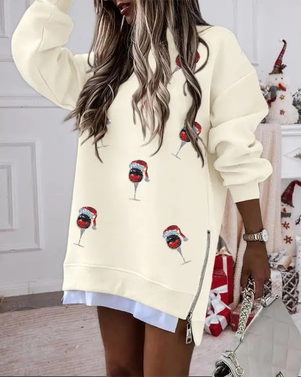 BROOKL YN NYC Pattern Long Sleeve Side Slit Sweatshirt Dress