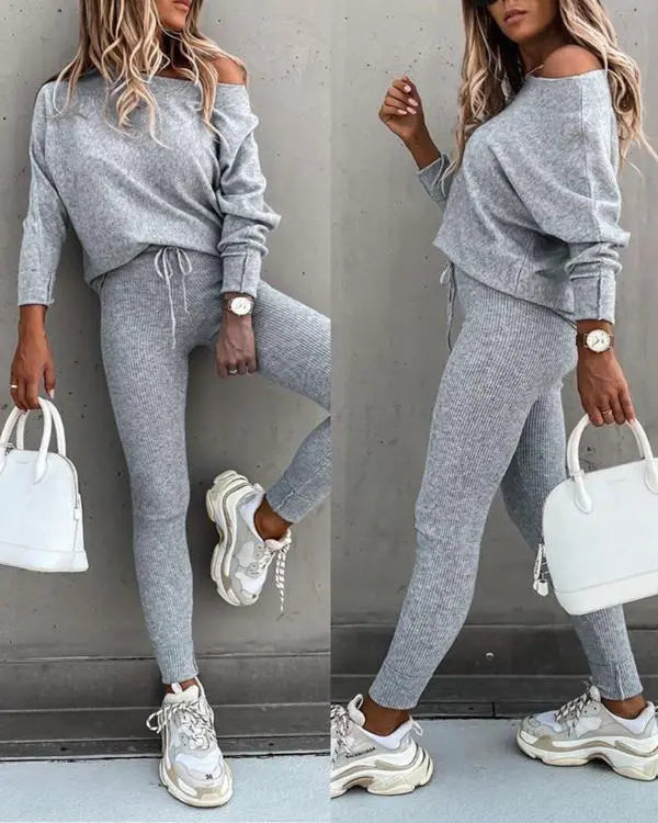 2 Piece Lounge Outfit Long Sleeve Pullover Tops Drawstring High Waisted Pants Set Tracksuit
