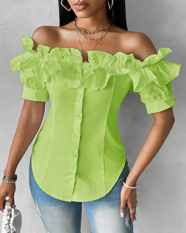 Off Shoulder Layered Ruffles Button-down Asymmetrical Hem Top