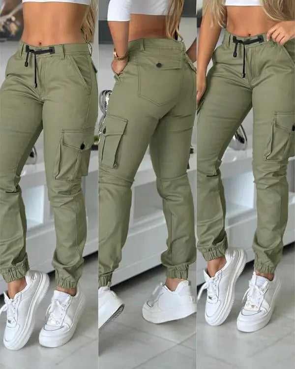 Multiple Pockets Design Cuffed Cargo Pants Slim Fit Trousers