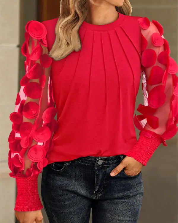 Contrast Lace Round Neck Lantern Sleeve Ruched Blouse Elegant Shirt