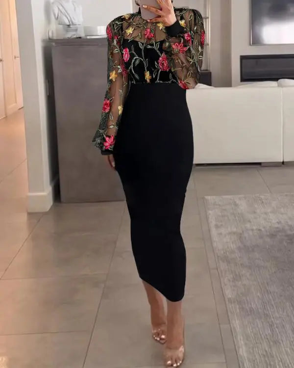 Off Shoulder Long Sleeve Lace Patch Midi Dress