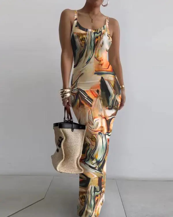 Marble Print U-Neck Sleeveless Maxi Skims Dress