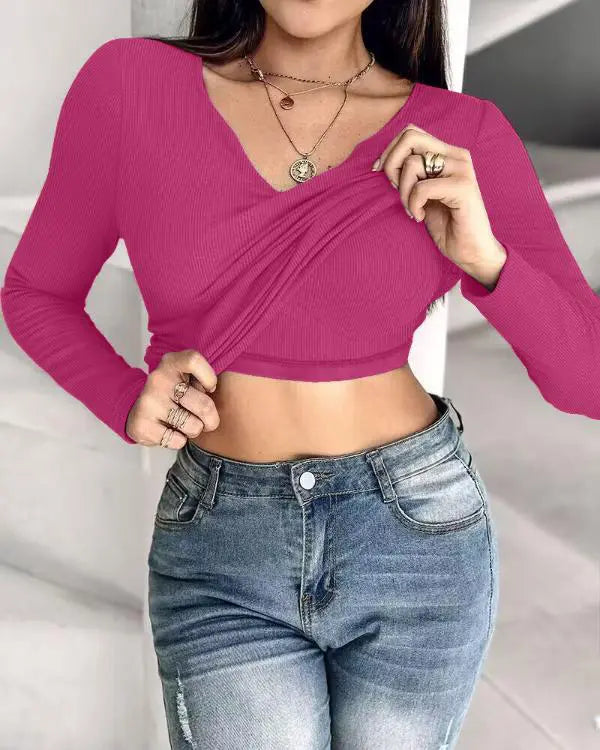 Built-in Bra Notch Neck Long Sleeve Shirts Rib-Knit Ruched Waist Top