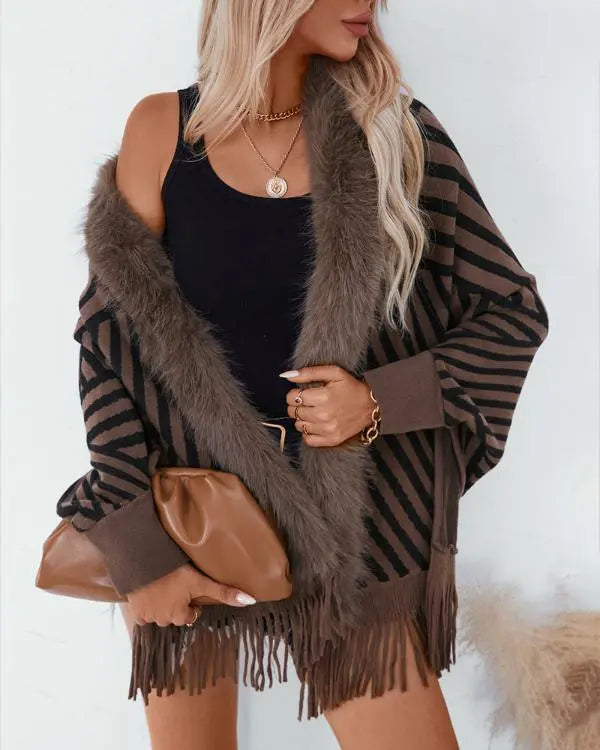Fuzzy Collar Shawl Poncho Knit Cardigan