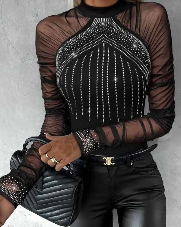 Rhinestone Round Neck Ruched Sheer Mesh Slim Fit Bodysuit Casual Romper