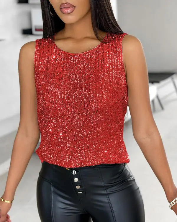 Glitter Sequin Round Neck Sleeveless Tank Casual Slim Fit Top