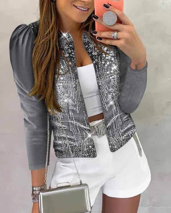 Sparkly Sequin Open Front Puff Sleeve Blazer Coat