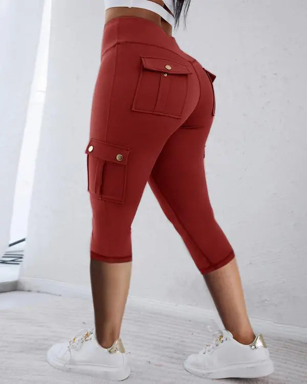 Camouflage Print High Waist Skinny Button Leggings with Pocket Casual Pants