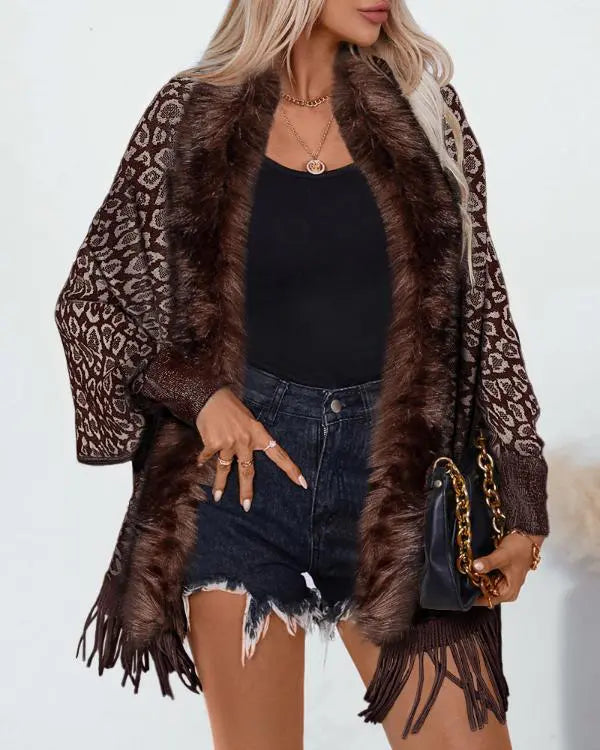 Fuzzy Collar Shawl Poncho Knit Cardigan