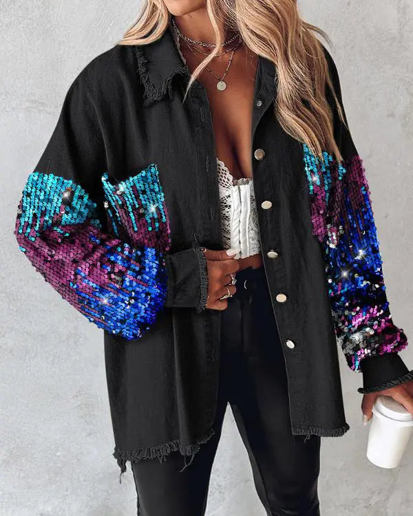 Contrast Sequin Turn-down Collar Long Sleeve Tassel Design Fuzzy Shacket with Pocket