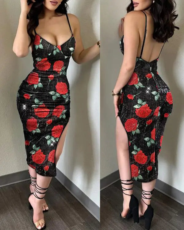 Colorful Sequin Floral Jacquard Pattern Bodycon Dress Backless Slit Party Club Slip Dress