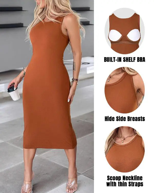 ShapeSculpt Shapewear Built-in Bra Tank Bodycon Dress Sleeveless Crew Neck Slim Casual Ribbed Mid-calf Dress