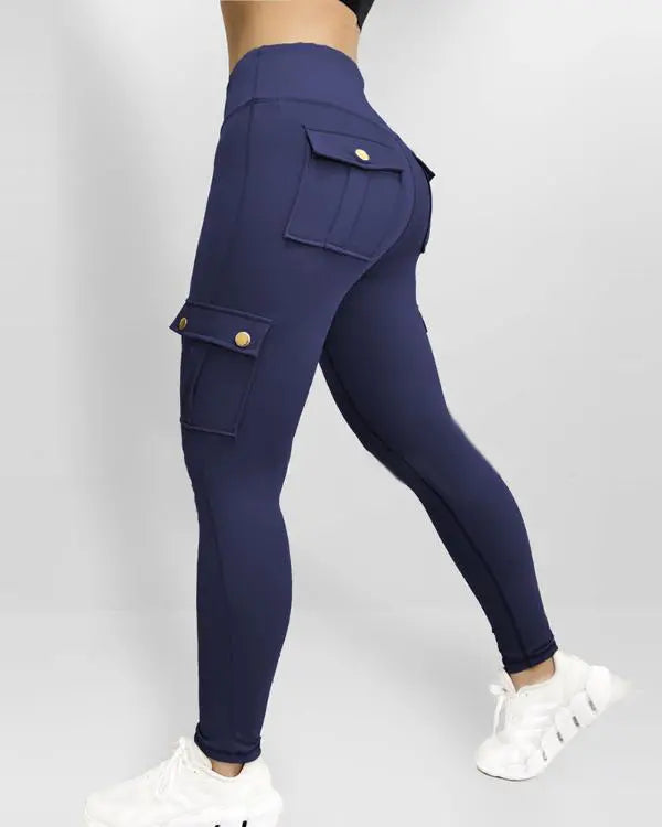 Camouflage Print High Waist Skinny Button Leggings with Pocket Casual Pants