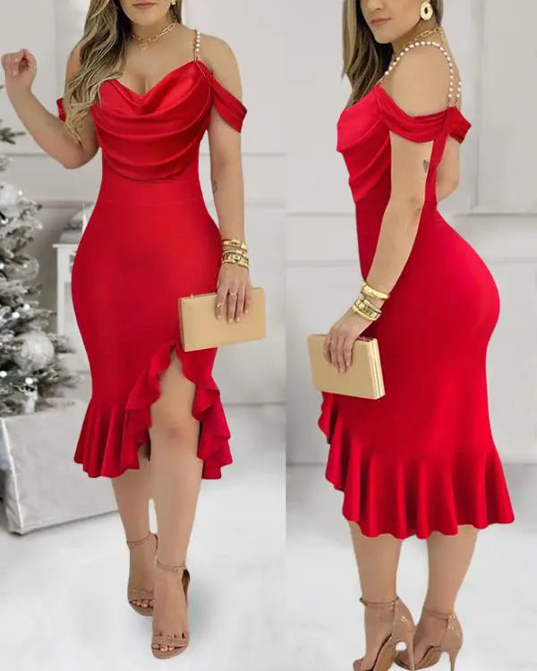 Cold Shoulder Pearls Strap Bodycon Dress Cowl Neck Ruffle Hem Cocktail Evening Party Dresses