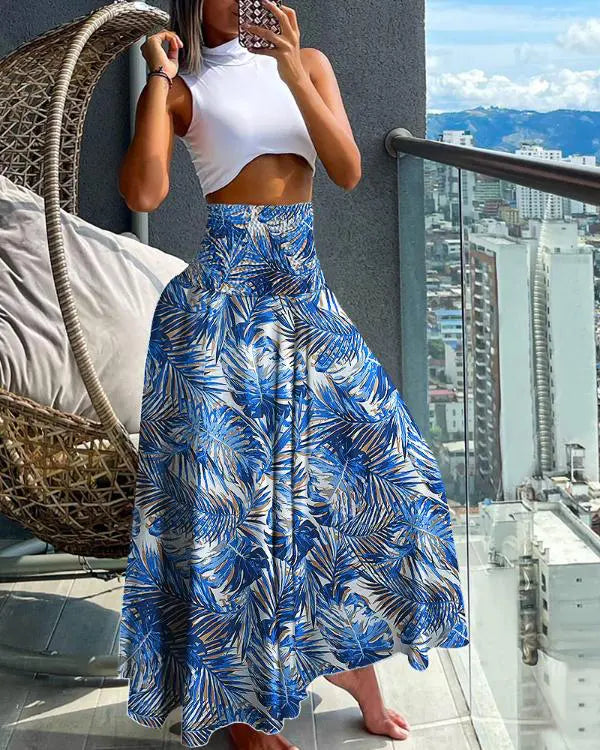 Tropical Print High Waist Wide Leg Pants
